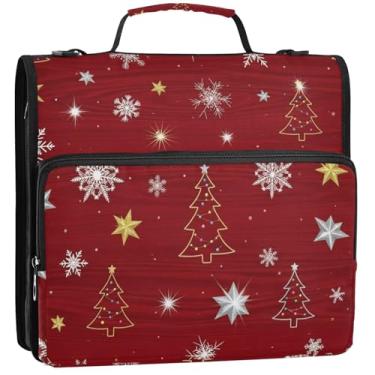 Imagem de Flocos de neve brancos vermelhos para fichários de 3,8 cm, 3 anéis, organizador de fichário com zíper, bolsa escolar com alça de ombro, carteira de negócios, suporte para 500 lençóis, 34,5 x 31,5 x 9