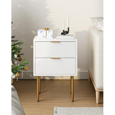 Imagem de AEPOALUA Mesa de cabeceira, mesa de cabeceira pequena com moldura dourada, mesa de cabeceira Morden com 2 gavetas, mesa lateral, gaveta e prateleira para quarto, sala de estar (branco-2 gavetas)