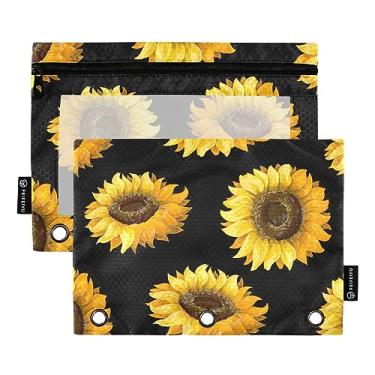 Imagem de Girassóis em bolsa preta com zíper para fichário de 3 anéis, organizador de fichário de 3 anéis, para presentes de estudantes universitários, bolsa macia de escritório