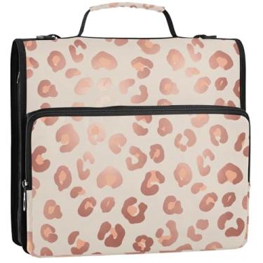 Imagem de Organizador de fichário bege com manchas de leopardo ouro rosa com zíper de 3,5 polegadas, 3 anéis, bolsa de fichário resistente com alça para portfólio escolar e suporte de pasta de anéis, 34,5 x