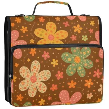 Imagem de Organizador de fichário com zíper para estudantes, fichários de 3 cm, 3 anéis, pétalas caprichosas, estampas florais, vários bolsos, pasta grande para fichário de ensino médio com alça, 34,5 x 31,5 x