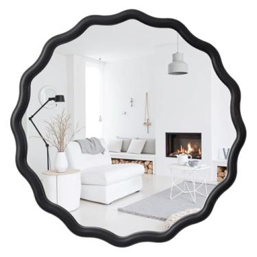 Imagem de GLCS GLAUCUS Espelho de parede irregular, casa de fazenda de madeira redonda, espelho de parede preto moderno de 81 cm para banheiro, quarto, sala de estar, entrada