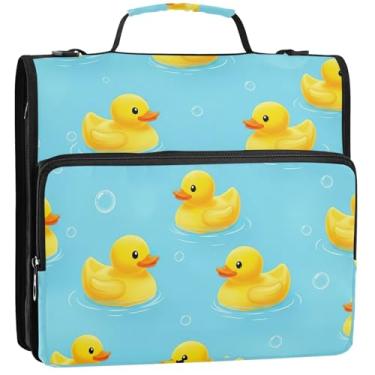 Imagem de Yellow Ducks Bubbles Blue 1,5 polegadas fichários 3 anéis resistentes organizador de fichário com zíper bolsa de fichário ensino médio com alça, estojo de armazenamento básico com alça, 34,5 x 31,5 x