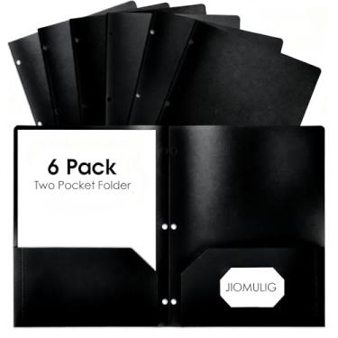 Imagem de JIOMULIG Pacote com 6 pastas pretas com bolsos pasta de arquivo de plástico para casa, escola, escritório, material de arquivamento resistente com abas de índice para alunos, professores, organizar