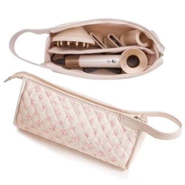 Imagem de Estojo de viagem acolchoado, bolsa de armazenamento floral de algodão para secador de cabelo e acessórios, organizador portátil bonito com alça (rosa bege)
