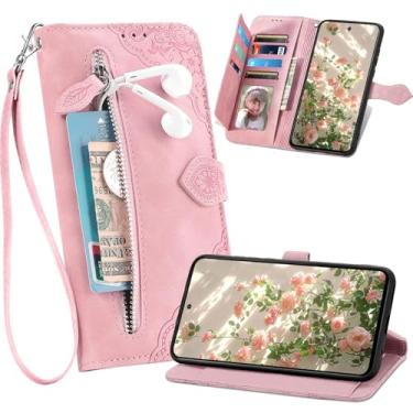 Imagem de Ephoou Capa carteira para Xiaomi 15T Pro com 7 porta-cartões e bolso com zíper, capa flip de couro PU à prova de choque com alça de pulso, suporte e fecho magnético para Xiaomi 15 T Pro SZY-rosa