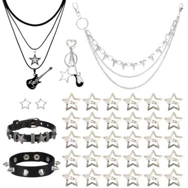 Imagem de JATEBI Colar punk cravejado e conjunto de corrente de calças, colar vintage estrela, clipe de cabelo, chaveiro, calça, acessórios de motociclista com pontas legais para festas de cosplay