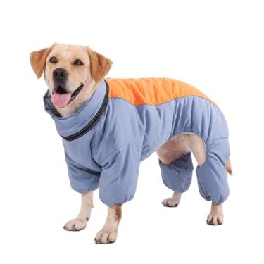 Imagem de Roupa de neve grossa de quatro pernas para cães, jaqueta de cachorro forrada com zíper, casaco de inverno para cães refletivo à prova de vento ao ar livre com anel de trela, azul neblina, 24