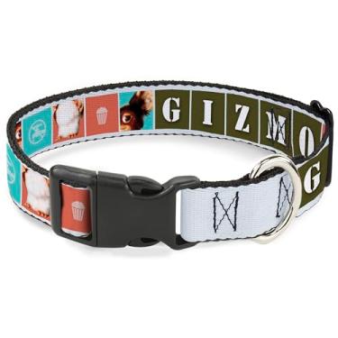 Imagem de Warner Bros. Coleira para animais de estimação, fivela de plástico para coleira de cachorro, blocos de texto e pose Gizmo Gremlins branco multicolorido, 38 a 61 cm de largura