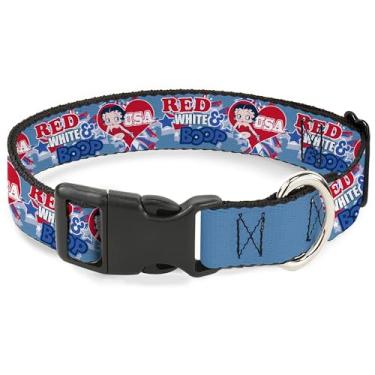 Imagem de Coleira para animais de estimação Fleischer Studios, Inc., fivela de plástico para coleira de cachorro, Betty Boop vermelha, branca e Boop Heart Pose Blues Reds, 23 a 33 cm de largura