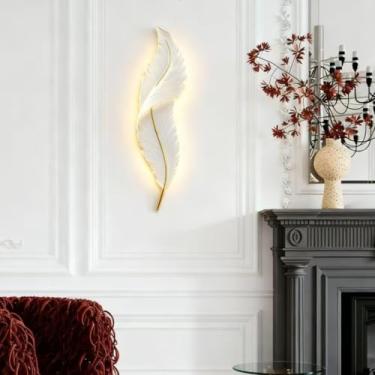 Imagem de Luminária de parede LED moderna para interiores, dimerizável de 3000K a 6000K, design criativo em formato de pena, branca/azul, ideal para sala de estar, quarto, banheiro, cozinha e corredor