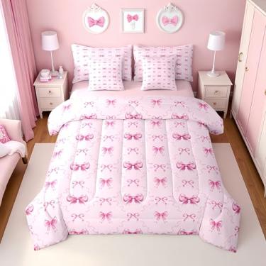 Imagem de Erosebridal Jogo de cama queen com gravata borboleta rosa com lençol para meninas | Jogo de cama com laço de fita rosa fofo, 7 peças, para crianças, mulheres, cama com gravata borboleta em uma bolsa