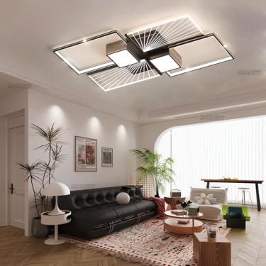 Imagem de Luminária de teto inteligente de caixa grande de 35,43 polegadas, dimerizável, moderna, LED, com controle remoto, estrutura em metal e acrílico, ideal para sala de estar, quarto e cozinha (C