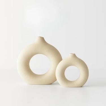 Imagem de Kit 2 Pçs Par Vasos Moderno Abstrato Donut Rosquinha Redondo Minimalista Decorativo de mesa(Marfim)