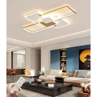 Imagem de Luminária de teto LED moderna, estilo nórdico, retangular, embutida, com intensidade regulável e controle remoto, ideal para sala de estar, escritório, quarto e sala de jantar (dourada, 110