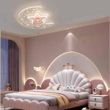 Imagem de Luminária de teto infantil LED com estrelas e lua, dimerização contínua com controle remoto, cúpula de acrílico (3500k-6000k) para quarto de meninas e meninos, quarto de bebê (3200lm) (Rosa)