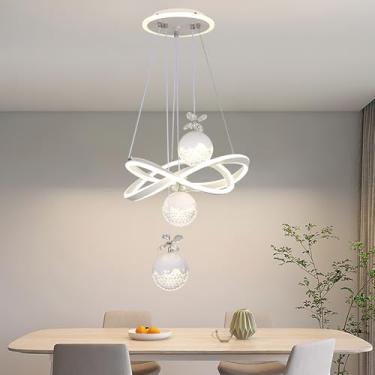 Imagem de Luminária pendente criativa de cristal LED, lustre elegante para hall de entrada com anel dimerizável e controle remoto, ideal para sala de jantar e sala de estar.