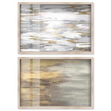 Imagem de Conjunto de 2 arte de parede para sala de estar com impressão abstratos de luxo neutro da Art Remedy, moldura loira, 40,6 x 28,5 cm
