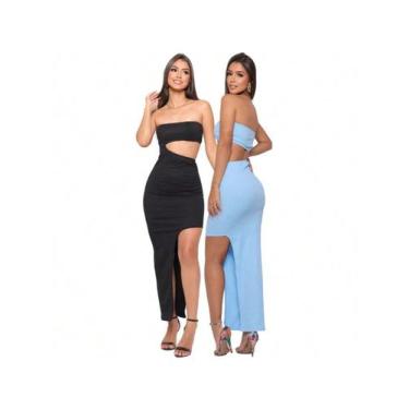 Imagem de KIT 2 Vestido Longo sem alça com Fenda Lateral em Tecido Canelado - AU