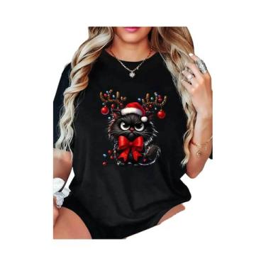 Imagem de Camiseta Feminina De Natal Com Gato Adorável Para Festas De Fim De Ano