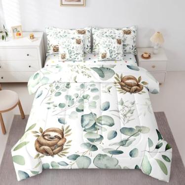 Imagem de Erosebridal Jogo de edredom solteiro com estampa de animais kawaii, 7 peças, desenho animado de animais selvagens, folha verde, jardim de primavera, decoração de quarto infantil