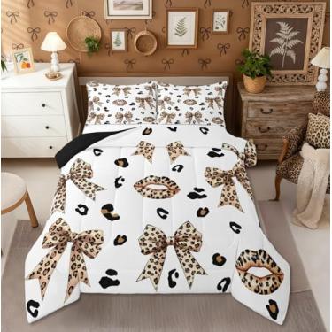 Imagem de Erosebridal Jogo de cama King com laço de leopardo e laço e lábios de chita para meninas, edredom de princesa, marrom, estampa de pele selvagem, macio, leve