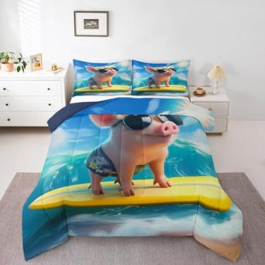 Imagem de Erosebridal Conjunto de edredom queen porco surfista, prancha de surfe, surfe, animal, porco, divertido, para crianças, meninas, meninos, praia costeira, decoração de quarto havaiano, 2 fronhas para