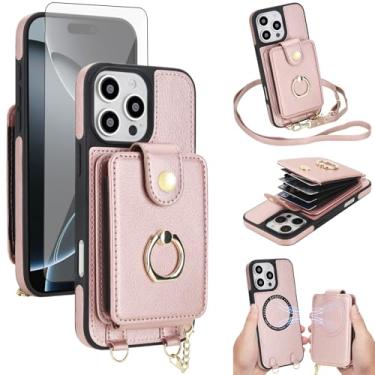 Imagem de Capa de telefone para iPhone 16 Pro carteira magnética destacável protetor de tela anel suporte transversal alça de cordão compatível com bloqueio de RFID MagSafe i Phone16 i16 16Pro para mulheres