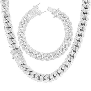 Imagem de putouzip Conjunto de correntes de elos cubanos Miami para homens 12/14/20 mm banhado a ouro 18K com diamante totalmente gelado (conjunto de prata de 12 mm, 61 cm)