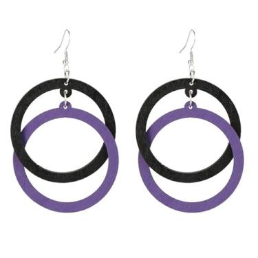 Imagem de Brincos Boho para mulheres, brincos de madeira, brincos de círculo duplo, vintage, brincos geométricos, joias presentes para meninas, Adjustable, Latão, Sem pedra preciosa