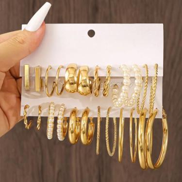 Imagem de Conjunto de 12 pares de brincos de argola de ouro para mulheres, acabamento grosso, liso, moderno, pequenos a grandes, bolsas auriculares de pérolas espirais leves