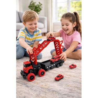 Imagem de Caminhão Vermelho + 2 carinhos com Pista Brinquedo Robusto