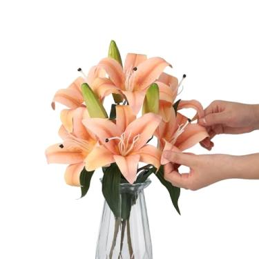 Imagem de Takywep Pacote com 3 flores artificiais de lírio de tigre, hastes de lírio falsas de toque real, lírios de Páscoa falsos resistentes a UV para decoração de casa interna e externa, centros de mesa de