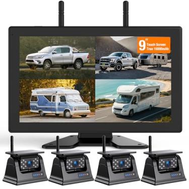 Imagem de 4 câmeras de backup magnéticas solares sem fio, tela sensível ao toque IPS de 9 polegadas, HD 1080p, monitor DVR de 15.000 mAh, recarregável, hibernação automática, câmera de backup sem fio com visão