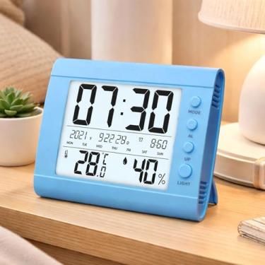 Imagem de Relógio de parede digital com ajuste automático, relógios de mesa com temperatura, umidade e data, relógio despertador com calendário digital grande para idosos, quarto, escritório, azul (não bateria