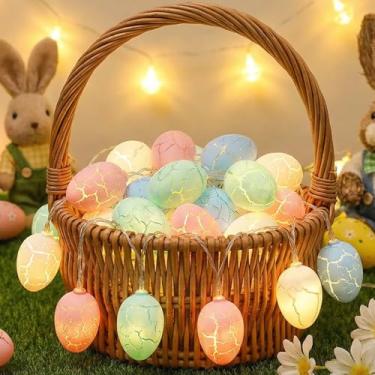Imagem de JingDan Cordão de luzes de decoração de Páscoa - Corda de luzes de ovo de Páscoa de 3 metros, 20 LEDs, bateria e fonte de alimentação USB, textura pastel rachada, decorações de Páscoa para casa