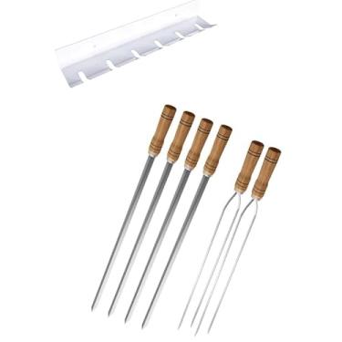Imagem de Kit/Conj. suporte + 4 espetos simples + 2 espetos duplo cabo madeira 80 cm de lâmina