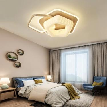 Imagem de Luminária de teto LED moderna com controle remoto, estilo creme, criativa, para sala de jantar, 60W, madeira, modelo Atenas, dimerizável, design floral, ideal para decoração de quarto, sala