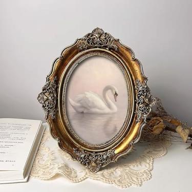 Imagem de XIAOAIKA Arte em tela oval barroca vintage, arte elegante de cisne branco com detalhes em relevo 3D, moldura de resina dourada bronze antigo para decoração de quarto, sala de estar, corredor, 25 x 20