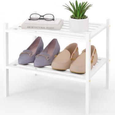 Imagem de Smiry Sapateira pequena de bambu de 2 camadas, organizador de sapatos empilhável de madeira para entrada e armário, prateleira de armazenamento de sapatos de madeira independente para porta da frente