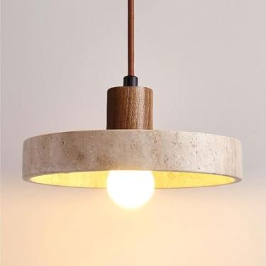 Imagem de Luminária pendente de madeira em travertino natural com 1 lâmpada, estilo Wabi Sabi Art Decor | Lustre para ilha de cozinha, sobre a pia, ao lado da cabeceira da cama, corredor (Nogueira)