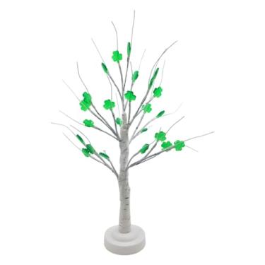 Imagem de Hamosky Decoração de árvore com luzes LED para Dia de São Patrício com folhas de trevo, decoração de Sant Patrick, peça central de mesa operada por bateria de 45 cm para casa, quarto, sala de estar