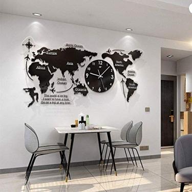 Imagem de U5GAAALPPQ9 Relógio de parede acrílico 3D com mapa-múndi, sala de estar, moderno, minimalista, europeu, relógio nórdico, decoração personalizada, mesa suspensa (preto, 78 × 36 cm (120 × 55 cm)