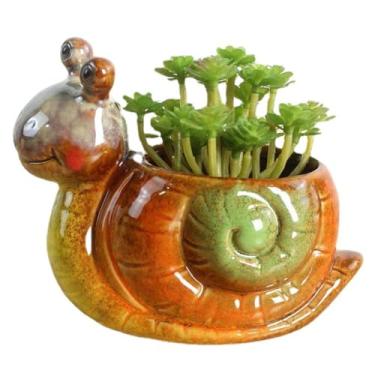 Imagem de WENDIN Lindo vaso de cerâmica para suculentas, pequeno vaso interno em forma de animal, lindos vasos de flores de cacto com drenagem para mesa de escritório e decoração de jardim doméstico (caracol)