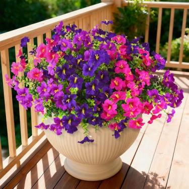 Imagem de Flores artificiais de petúnias falsas para decoração de primavera ao ar livre, 12 pacotes de plantas de flores falsas resistentes a UV, flor de seda realista para plantadores externos, varanda