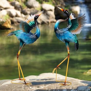 Imagem de Ruifabo Estátuas de jardim, esculturas de guindaste de metal grande, estátua de metal de garça ao ar livre, arte de jardim para decoração de jardim, arte de pássaro realista para decoração ao ar livre