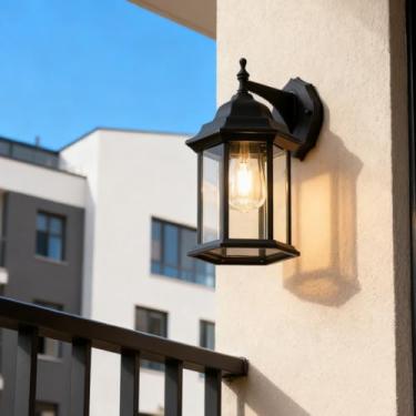 Imagem de Luminária de parede externa preta com cúpula de vidro transparente, arandela de parede externa à prova d'água para varanda, porta da frente, pátio, jardim, iluminação externa estilo casa de