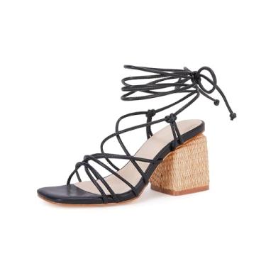 Imagem de PiePieBuy Sandálias femininas de salto trançado grosso com cadarço bico quadrado com tiras no tornozelo, Preto, 9