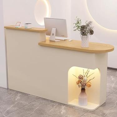 Imagem de Mesa de recepção moderna com luz LED, mesa de balcão de varejo com gaveta e armário de armazenamento - Mesa de recepção para escritório ou salão de beleza (bege, 90 x 50 x 105 cm)