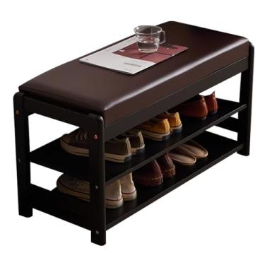 Imagem de Banco de sapatos de madeira rústica com almofada de couro PU - organizador de sapatos de entrada de 2 camadas e rack de armazenamento estofado para corredor, porta da frente, mudroom e sala de estar